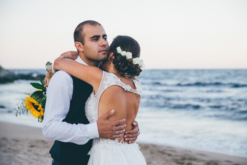 Boho wedding dress with lace, Beach wedding gown with open back, White Rustic wedding dress, Hippie wedding gown image 10