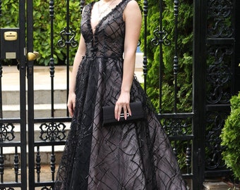 Black wedding dress with Deep V, alternative wedding dress, black lace bridal dress, gothic wedding dress