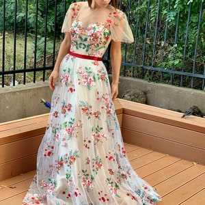 Flower Wedding Dress With Sleeves Floral Embroidered Gown Colourful 
