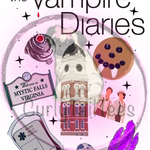 May include: A collage featuring elements from "The Vampire Diaries." Includes the show's title, a sign reading "Welcome to Mystic Falls Virginia," a blood bag, a clock tower, a ring, and other themed illustrations. The design is set against a pink background.