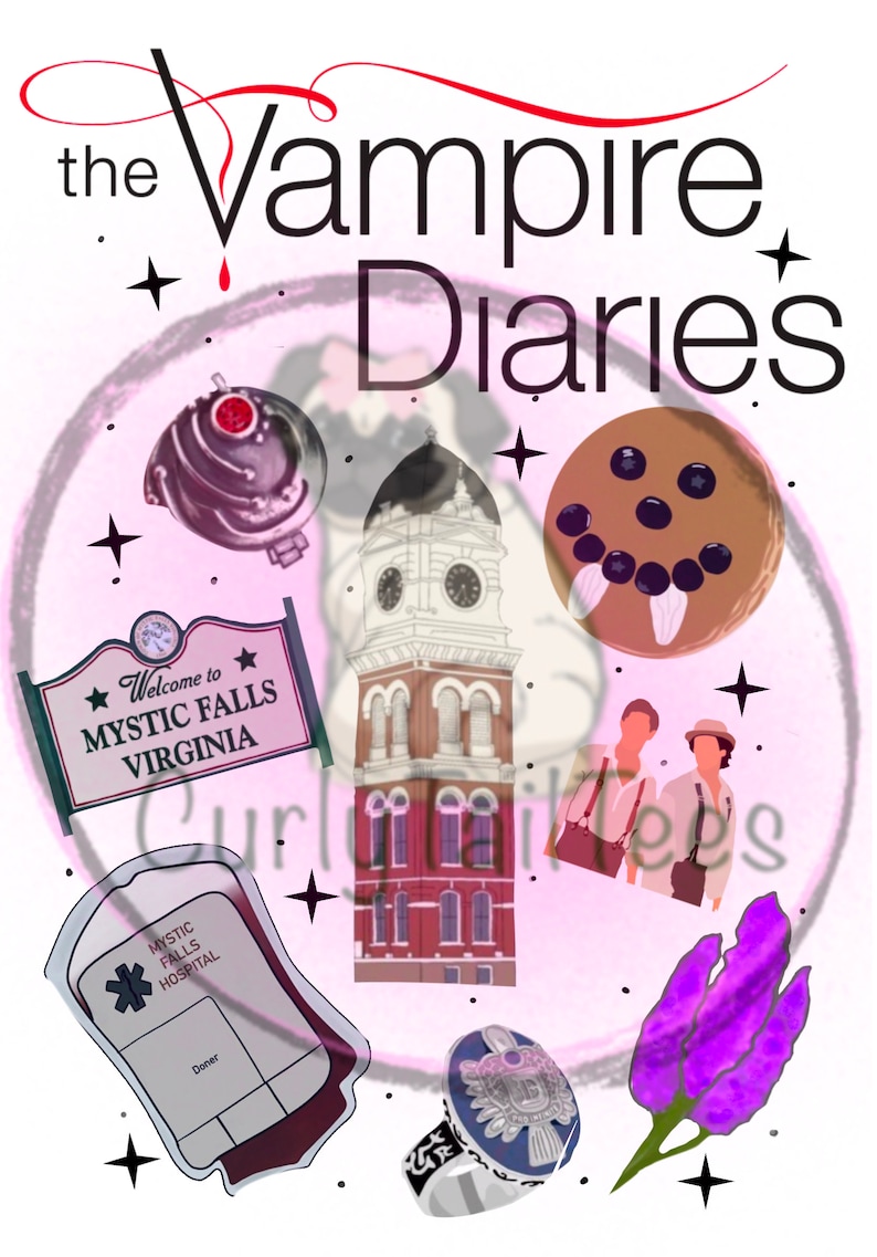 May include: A collage featuring elements from "The Vampire Diaries." Includes the show's title, a sign reading "Welcome to Mystic Falls Virginia," a blood bag, a clock tower, a ring, and other themed illustrations. The design is set against a pink background.