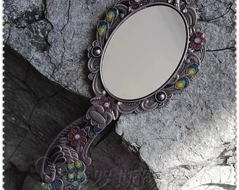 Authentic Embroidered Hand Mirror, Mother Day Gift , Folding Vanity Mirror ,Vintage, Makeup, Peacock , Home decor ,art ,rustic , gifts