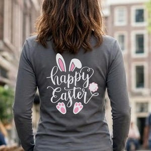 Cute Bunny Happy Easter Script Women’s Gildan T-Shirt, V-Neck, Long Sleeve, Hoodie | Fluffy Tail Pom Pom Design | Spring  Gift for Her