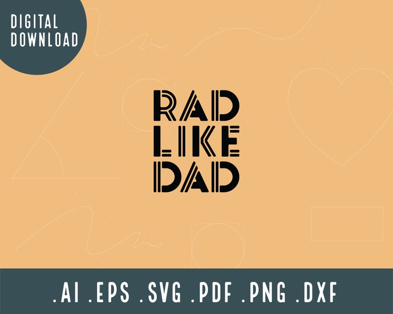 以下が含まれることがあります： 黒と白のグラフィックデザインで、太字でスタイリッシュなフォントで「RAD LIKE DAD」というテキストが書かれています。