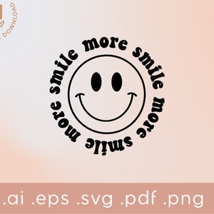 Peut inclure: Graphisme noir et blanc avec un smiley et l'inscription "smile more" en cercle. Les formats de fichiers sont : .ai, .eps, .svg, .pdf et .png. Le fond est un dégradé pêche et blanc.