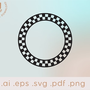 May include: Black and white checkered circle frame. The frame is a circle with a checkered pattern. The frame is isolated on a light blue background.