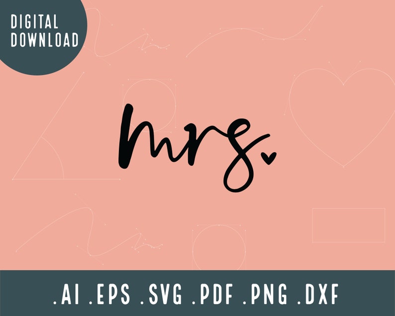 May include: Black and white cursive text that says "mrs." with a small heart next to it. The text is on a light pink background.