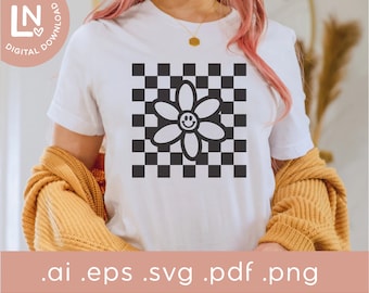 Checkered Flower Smiley  SVG | Retro Flower Svg PNG | Checked Retro Smiley Svg Png