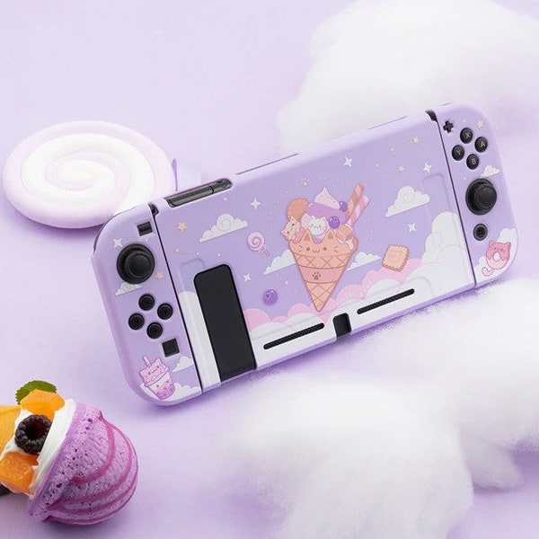 Kawaii Nintendo Switch Skin - Cute Nintendo Switch Case - Violet Soft Skin Case For Nintendo Switch - Ice Cram Cat Nintedo Switch Case Skin