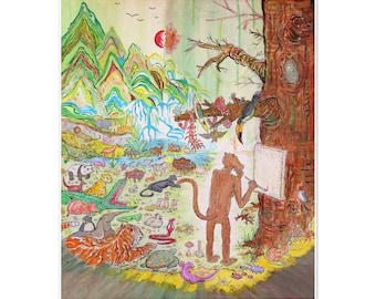 Könnte beinhalten: Eine farbenfrohe Illustration eines Affen, der eine Landschaftsszene mit einer Vielzahl von Tieren malt, darunter ein Tiger, ein Krokodil, ein Tukan und ein Panda. Die Szene spielt in einem üppigen Wald mit einem Wasserfall und Bergen im Hintergrund.