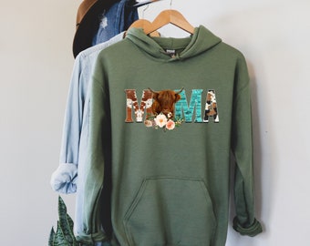 Western Mama Hoodie - Cowhide Cow Print Country Cowboy Cowgirl Gemstone Turquoise Floral Sweatshirt - Cadeau de Noël - Cadeau d’anniversaire