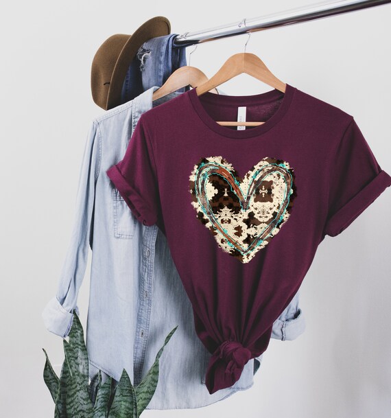 Cowhide Heart Shirt - Cow Print Graphic Tee - Country Tshirt - Western Funny T-Shirt - Birthday Gift - Christmas Gift - Christmas Present