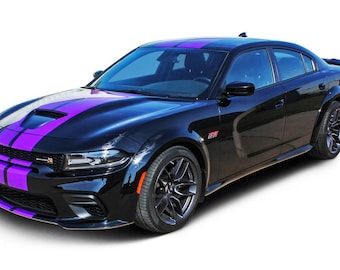 May include: A black Dodge Charger with purple racing stripes. The car has a black grille and black wheels.
