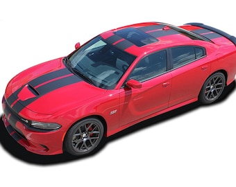 May include: A red Dodge Charger with black racing stripes on the bonnet and roof. The car has a black spoiler and black wheels.