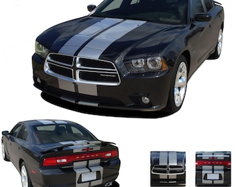 May include: A black Dodge Charger with two silver racing stripes on the bonnet, roof, and boot. The car is shown from the front, side, and rear angles.