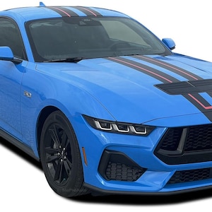 May include: A blue Ford Mustang with black and red racing stripes on the hood. The car has a black grille with the Ford Mustang logo.