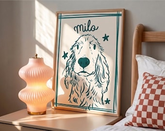 May include: A framed wall art print featuring a dark teal line drawing of a dog on a cream background. The name "milo" is written in cursive above the dog, accompanied by three small star shapes. The print is enclosed in a simple wooden frame.