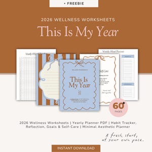 Puede incluir: Un conjunto de hojas de trabajo de bienestar de 2026 con el texto "This Is My Year" en una portada azul claro. La imagen incluye un rastreador de estado de ánimo anual, un planificador de comidas semanal y páginas de autocuidado. Diseño minimalista y estético.