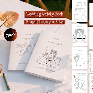 May include: Two white wedding activity books with black line art illustrations of a table setting and heart motifs. The covers feature the text Wedding Activity Book, 35 pages, 3 languages, 3 sizes, and dates. Includes interior activity pages.