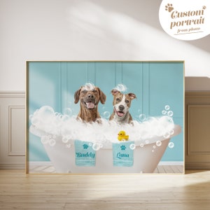 May include: A framed custom pet portrait showing two dogs in a bubble bath. One brown and one white and brown dog are smiling. The bathtub has two towels with the names "Buddy" and "Luna". A yellow rubber duck floats in the bubbles. The text "Custom portrait from photo" is in the upper right corner.