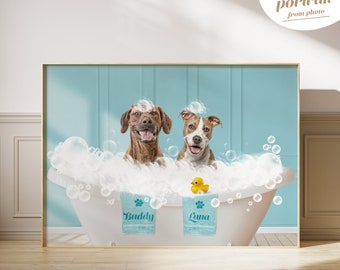 Two pets in Bathtub Custom Pet Portrait from photo, Animal in tub, dogs in Tub Printable Wall Art, Cat portrait, Multiple Pet, Custom 2 Pet