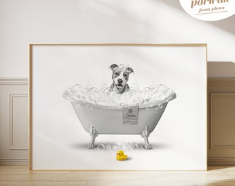 Personalized Cat Dog in Bathtub, Custom Pet Portrait from photo, Custom Dog or Cat in Tub, Pet Bathroom Art, Pet Gifts, Pet Illustration