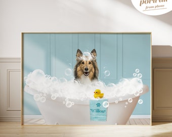 Animale domestico nella vasca da bagno, ritratto personalizzato da foto, ritratto digitale di animale domestico, animale nella vasca, decorazione da bagno divertente, cane nella vasca da bagno, animale domestico personalizzato