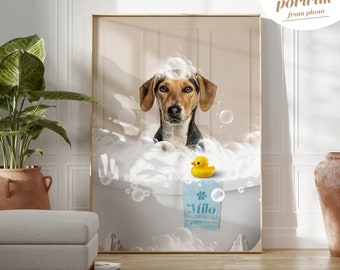 Pet in Bathtub Custom Pet Portrait from photo, Bathroom Art, Animal in Tub, dog bathroom art, Kids Bathroom Wall Art, Funny Bathroom Art