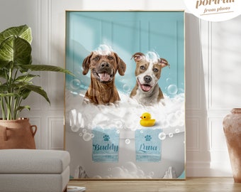 Two pets in Bathtub Custom Pet Portrait from photo, Funny Bathroom Dog Art, Personalized Pet Dog Gift Illustration, Animal in Bathtub, Cat