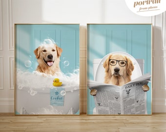 Custom Pet Portraits Set: Funny Bathroom Art Print (Digital Download)