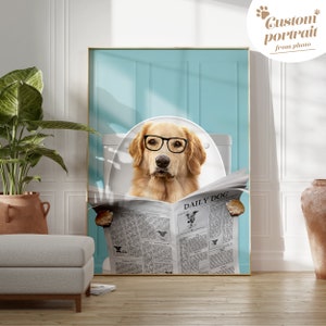 Custom Pet Portrait, Dog Read Newspaper in Toilet, Funny Pet Portrait, Black and white, Kids Bathroom Wall Art, Personalized Cat Dog Gift