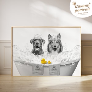 May include: Black and white illustration of two dogs, a Labrador Retriever and a Collie, in a bathtub with bubbles and yellow rubber duckies. The dogs are smiling and the bathtub has towels with the names "Jobie" and "Louie" on them.