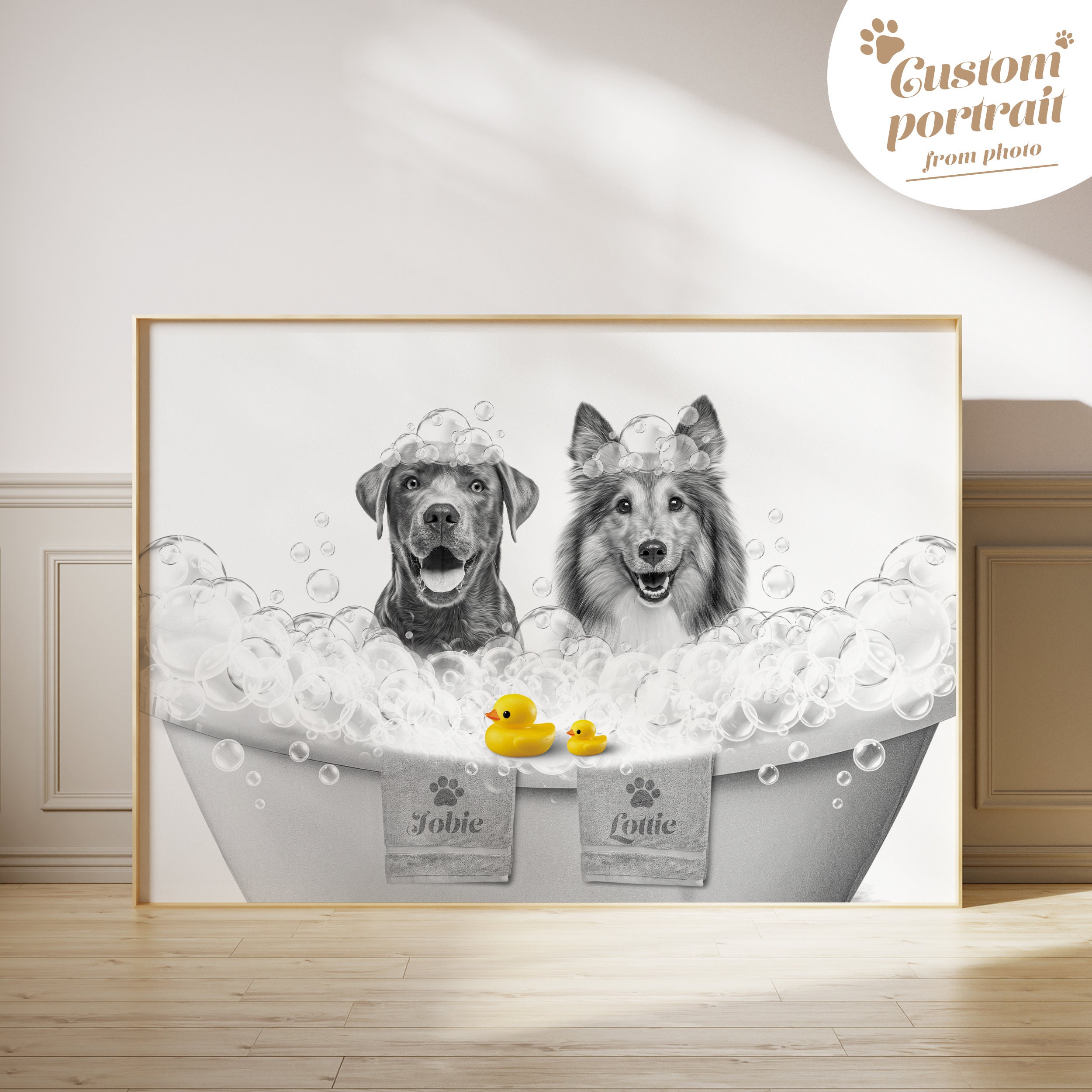 Two pets in Bathtub Custom Pet Portrait from photo, Funny Bathroom Dog Art, Personalized Pet Dog Gift Illustration, Animal in Bathtub