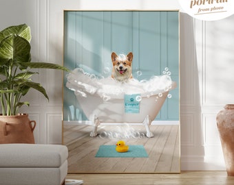 Custom Pet Portrait from photo, Funny Bathroom Art, Pet Bathtub, Animal in Tub, Pet Gift, Restroom Pet Portraits, Pet Gift, Pet Illustration