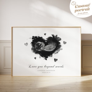 Echografie portret, babyscan aandenken, zwangerschap tekenen van foto, familieportret, gepersonaliseerde sonogram schilderij in aquarel