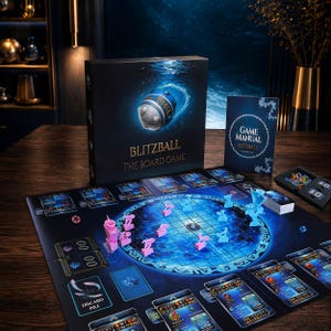 May include: A Blitzball board game set featuring a large black box with a blue sphere graphic, a game manual, a dark blue game board with a circular grid, and several small pink and blue plastic player figurines arranged on the board surface.