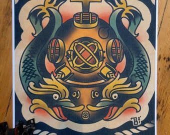 May include: A vintage-style illustration of a diving helmet with two seahorse-like creatures flanking it. The helmet is yellow and gold with a dark brown interior. The seahorses are green and yellow with red accents. A trident is above the helmet.