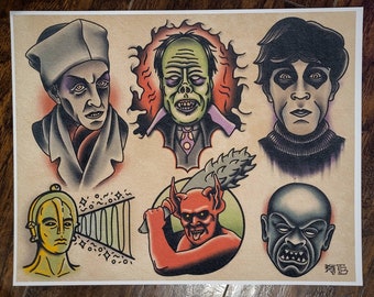 Silent Horror Halloween Tattoo Flash Print Nosferatu Phantom Opera Metropolis Haxan Phantom Creeps Dr. caligari