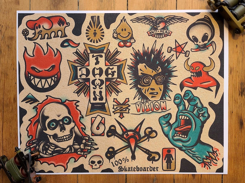 May include: A print showcasing traditional tattoo flash art. The designs include a flaming skull, a cross with text, a screaming hand, and other classic tattoo motifs in red, black, and teal on a tan background.