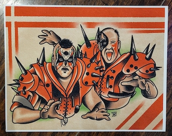 May include: A vintage-style illustration of two wrestlers wearing red and black spiked armor. The wrestlers have painted faces and are in a fighting pose. The background is a light brown with orange stripes.
