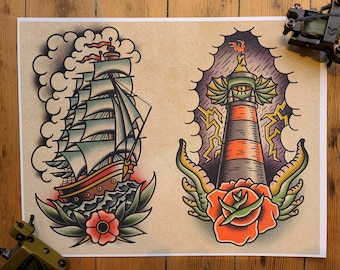 May include: Two traditional tattoo flash designs. The first is a sailing ship with a white sail and a red, white and blue flag. The second is a lighthouse with a red and black striped tower and a green eye. Both designs are surrounded by a floral motif.