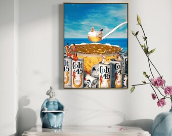 Colt 45 Resort: Impresión de collage surrealista, póster giclée mate de bellas artes.