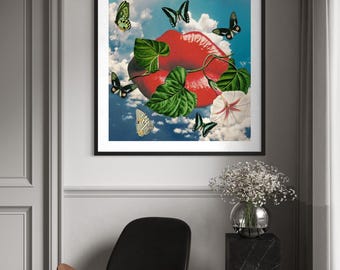 Beso etéreo: Impresión de collage surrealista, póster giclée mate de bellas artes.