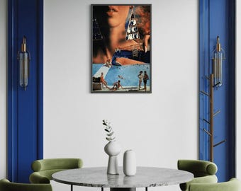 Lámina de collage retro junto a la piscina / Fantasía de arte pop vintage / Decoración de pared surrealista a todo color