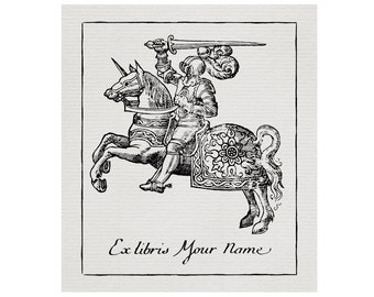 Aangepaste ridder op paard Ex-Libris - graveerstijl uit de 17e en 18e eeuw - barok - 17e 18e eeuw - exlibris - Eenhoorn - Ridderlijkheid