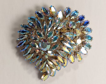 Sherman Brooch Aurora Borealis Blue Gold Marquis Rhinestones Gold Tone Large Costume Jewelry Marked Vintage Pin Brooch Heart Shape Swirl