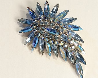 Sherman Brooch Aurora Borealis Rhinestone Blue and Silver Marquis Cut Swirl Paisley Leaf Vintage Jewelry Marked Large Brooch Pin