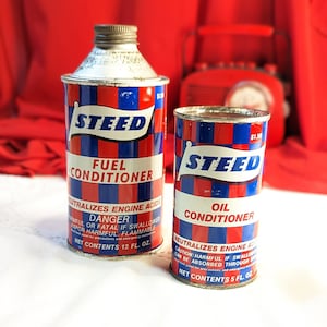 Steed Two Piece Set Oil and Fuel Conditioner NOS unopened Tin Cans Vintage Automotive Nostalgia Shop Decor