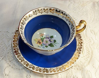 Adderly Fine Bone China England Tea Cup and Saucer Set Blie and Gold H 1115 L Pattern Vintage China Tea Set  Cobalt Blue