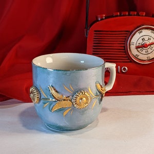 Lustreware and Gold Hand Decorated Tea Cup Blue and Gold Raised Flowers and Leaves unmarked Vintage or Antique Cup